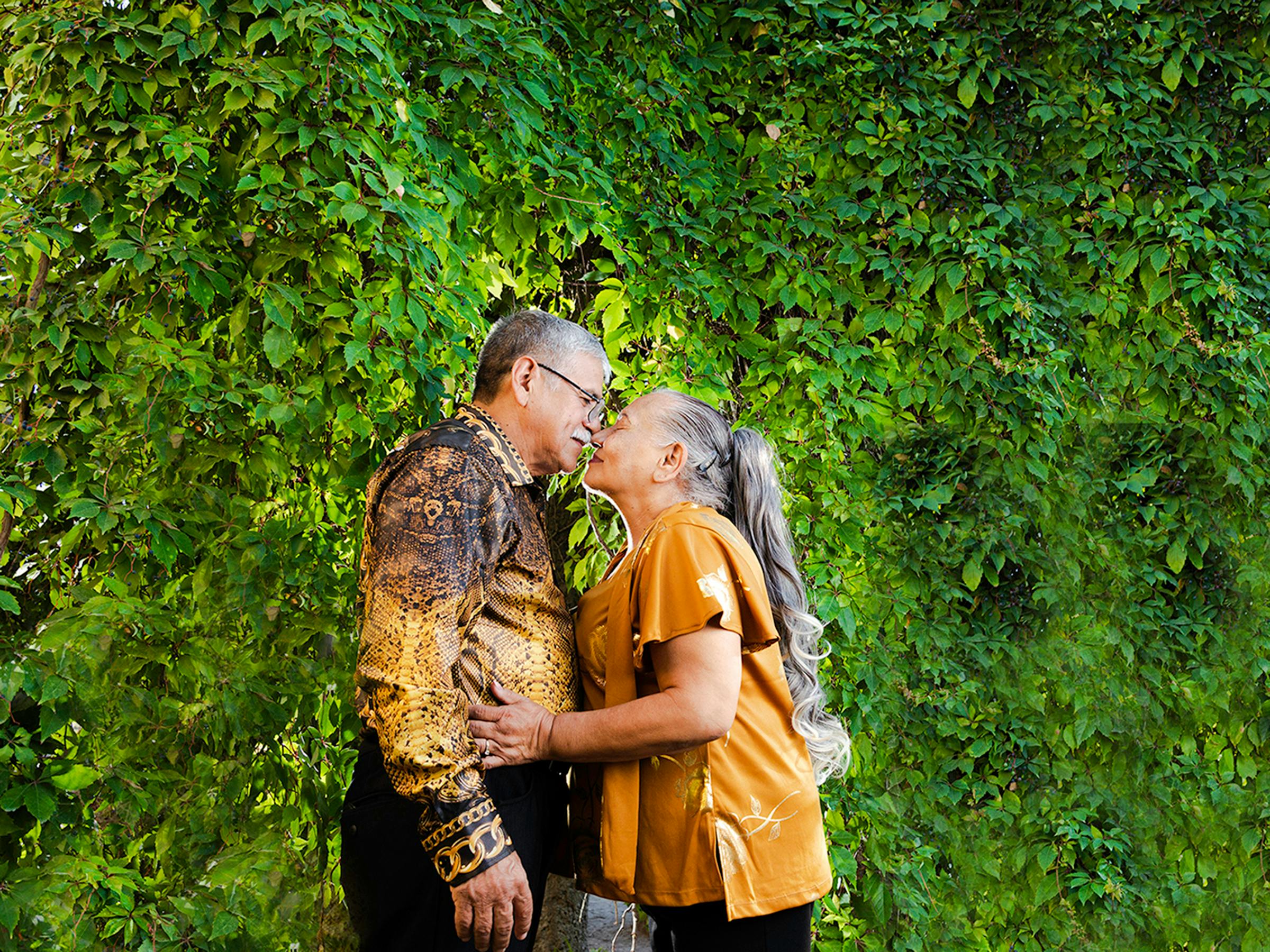 A personal photo on screen during the conversation: an older couple together in a garden